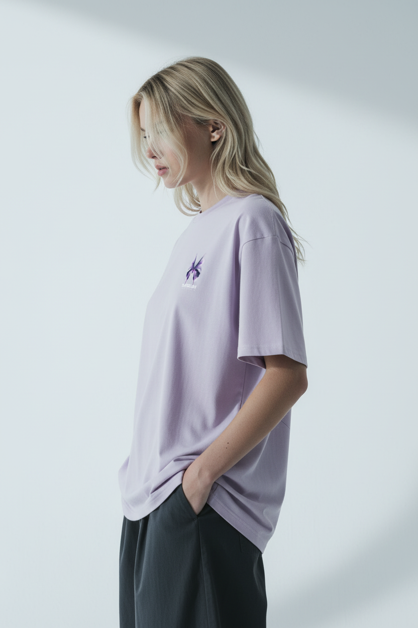 Blonde model orchid tee side profile
