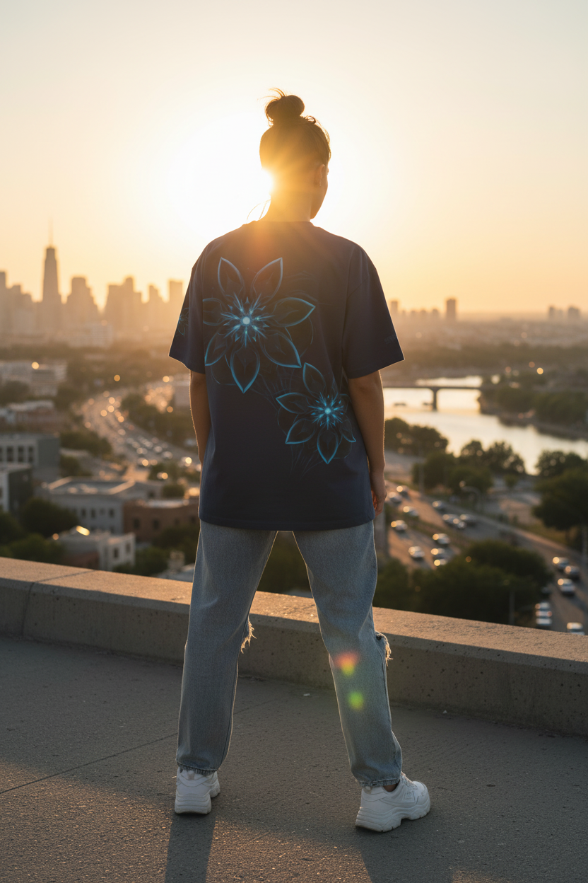 Female back print, warm backlit sunset