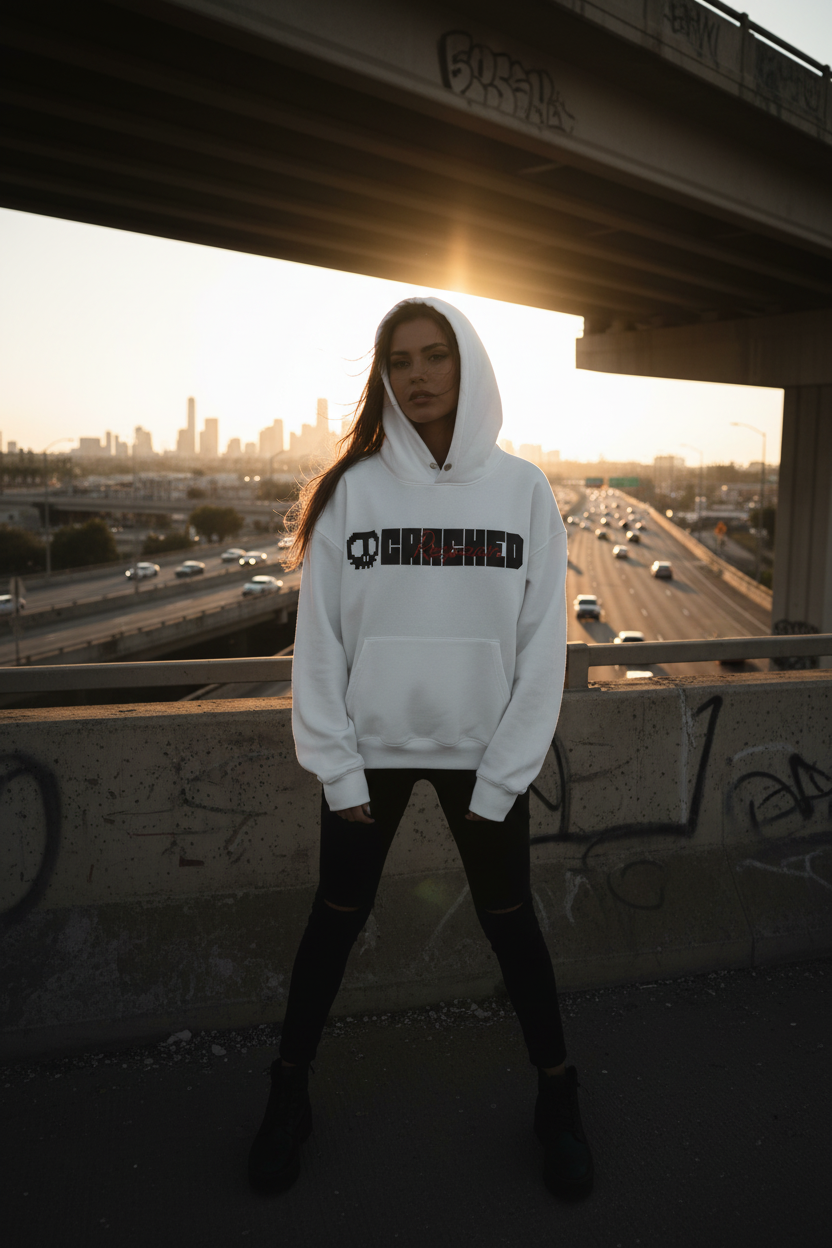 Female model on bridge overpass at golden hour