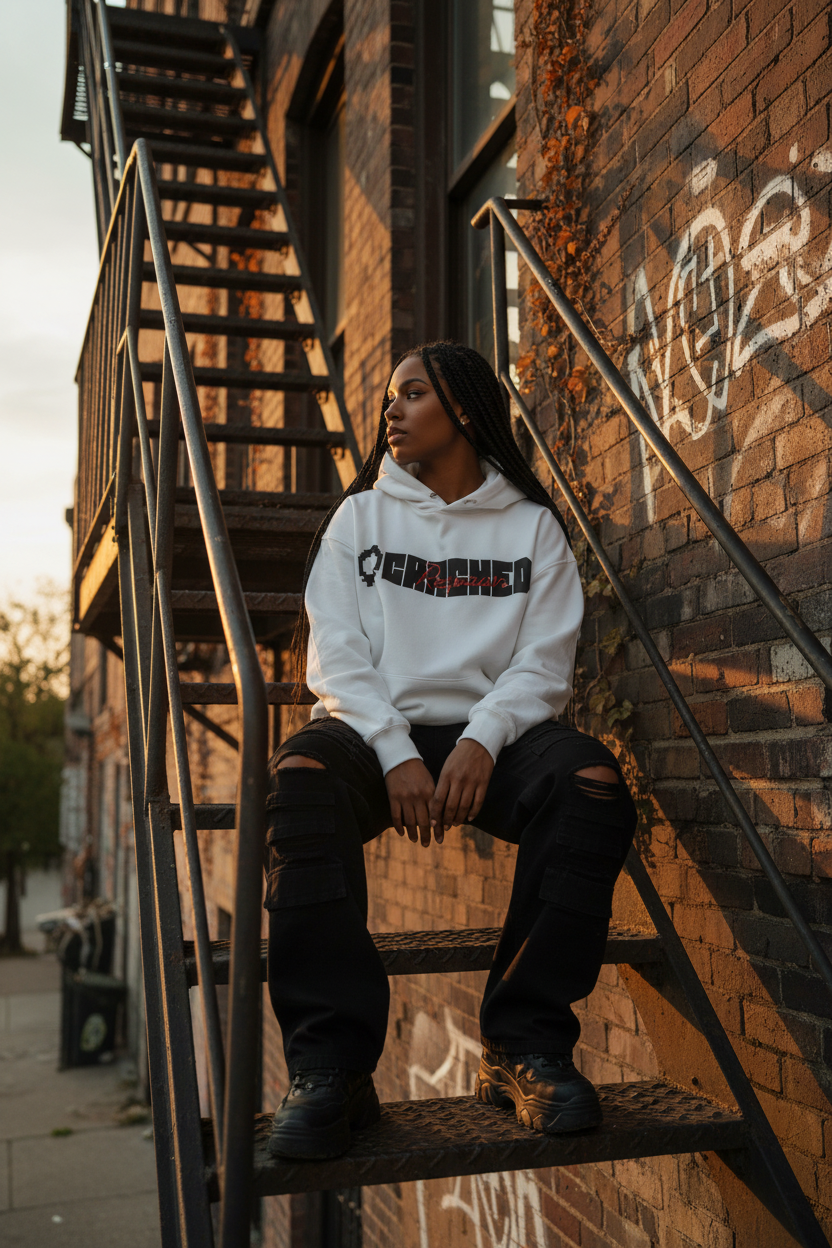 Female model on fire escape at golden hour
