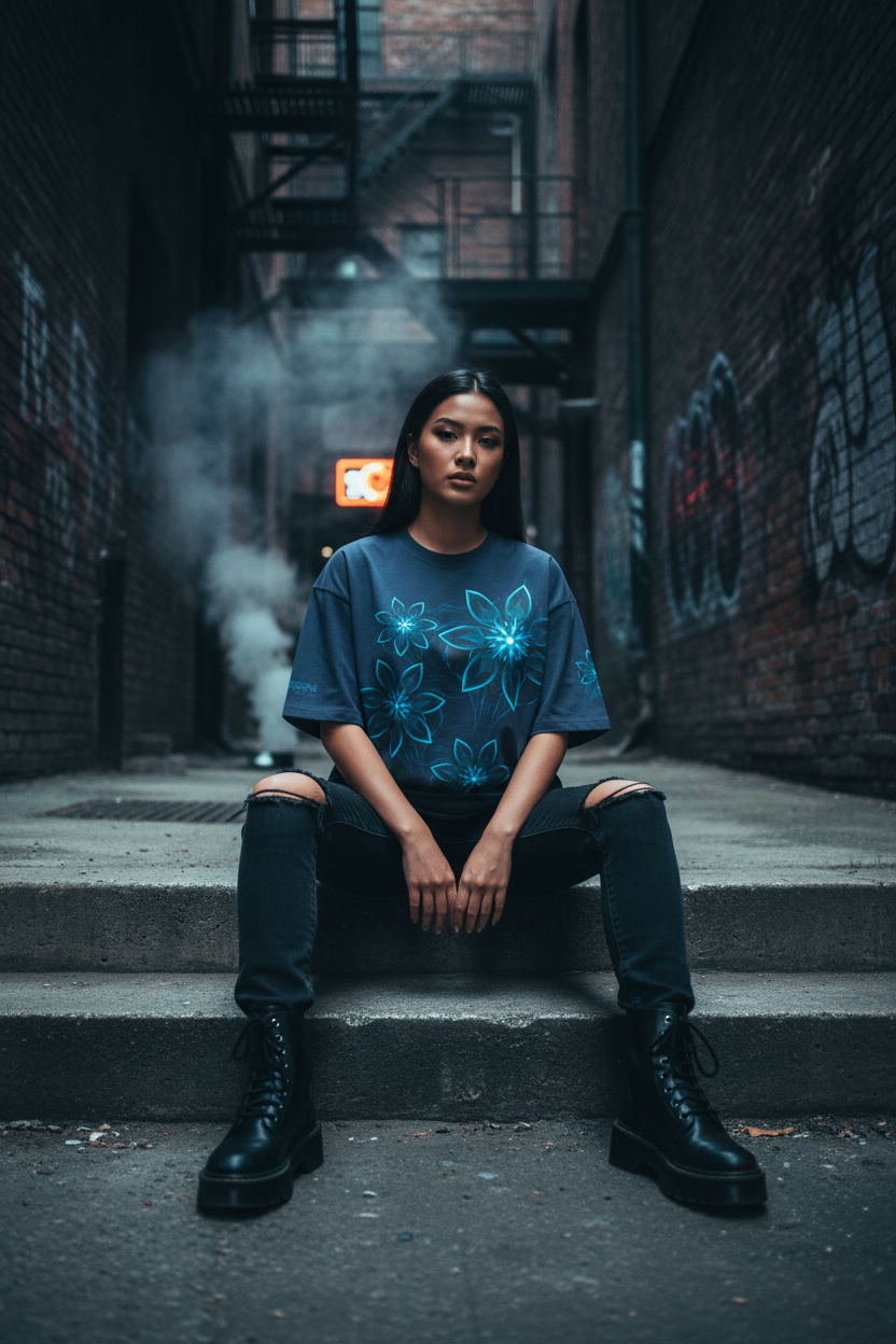Female model seated, urban alley