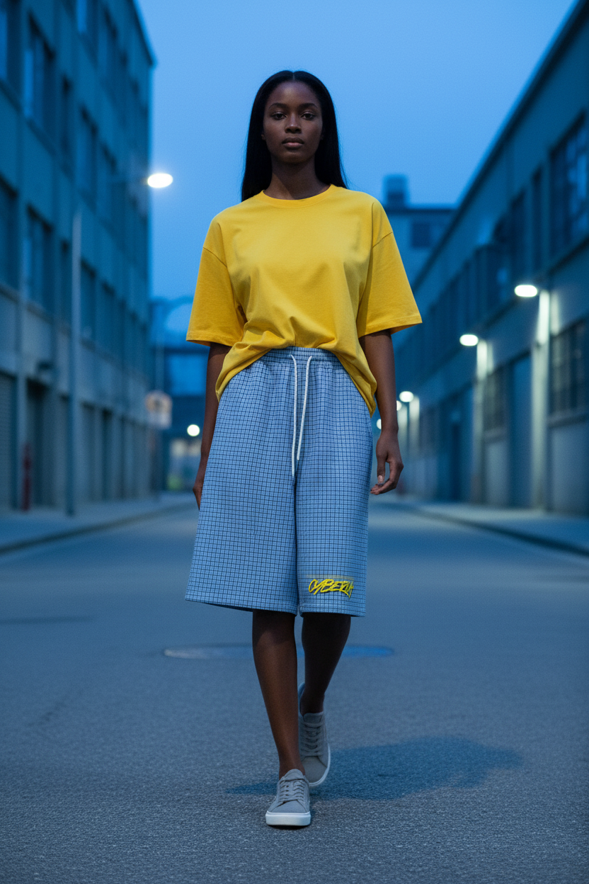 Female yellow tee blue hour