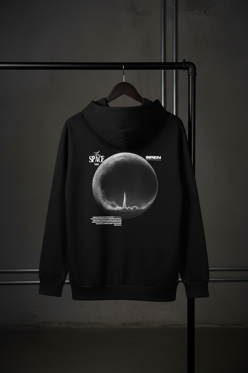 Hoodie back, dark studio, black hanger