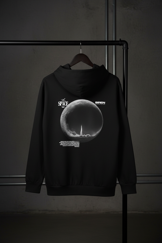 Hoodie back, dark studio, black hanger