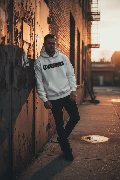 Male model leaning on rusted door at golden hour
