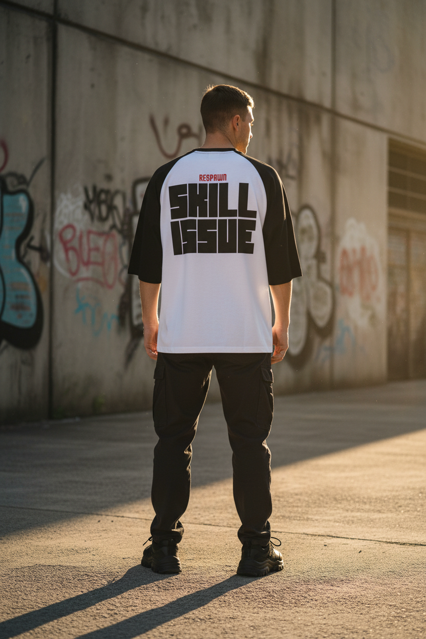 Male model standing, backprint focus