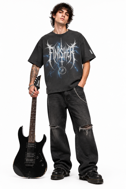Model wearing the CLUBHOUSE THE RELAY T-shirt with an electric guitar