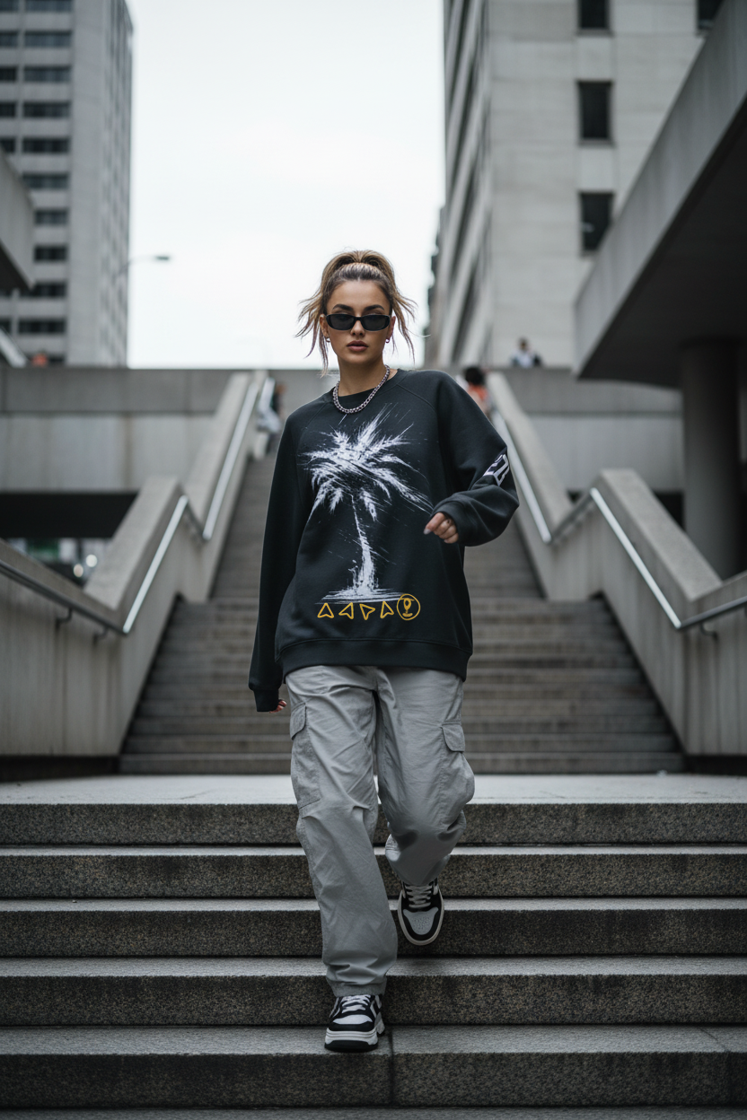 PALM Fleece Black — Female, Staircase, Overcast