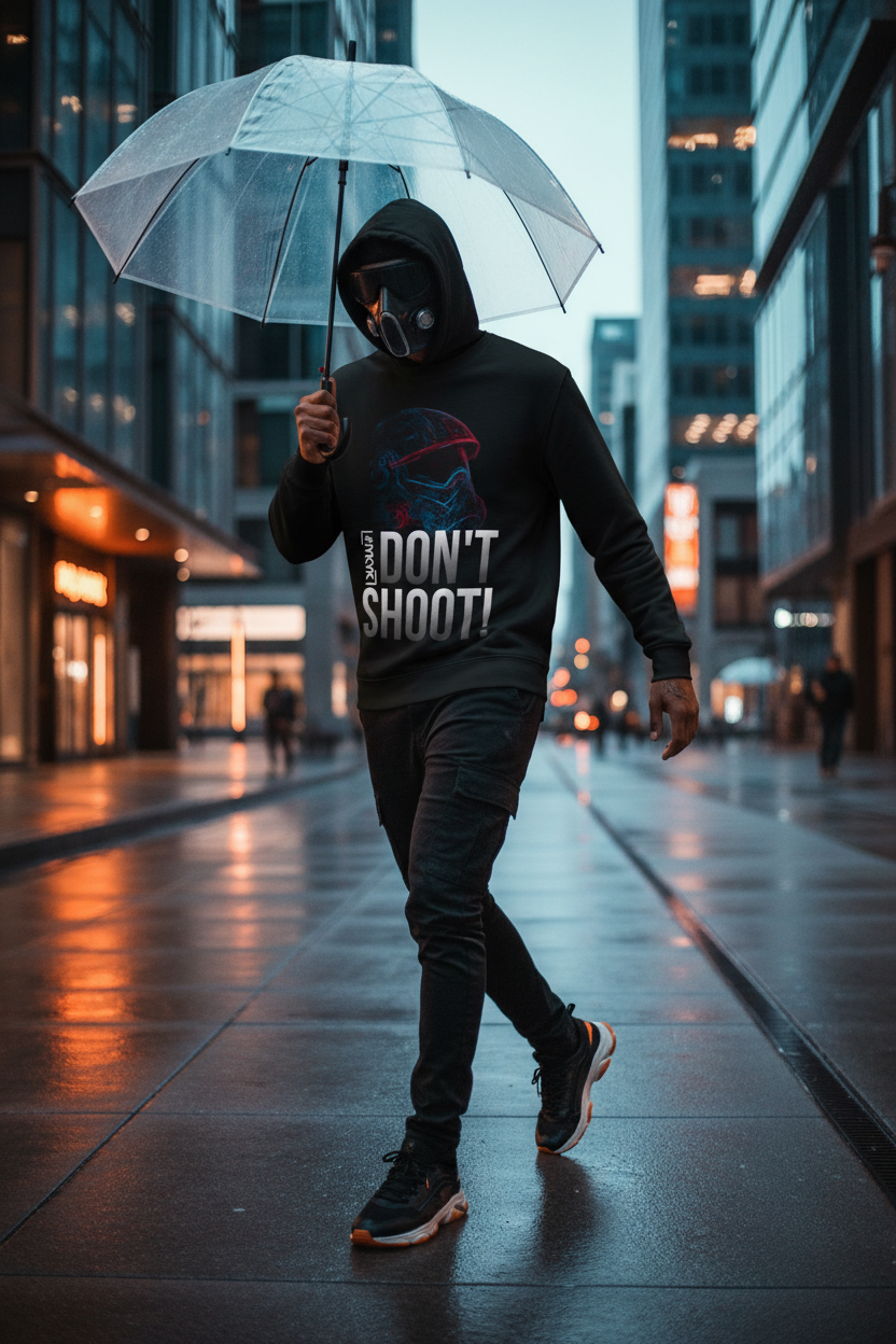 Person wearing sweater walking through modern urban street at dusk