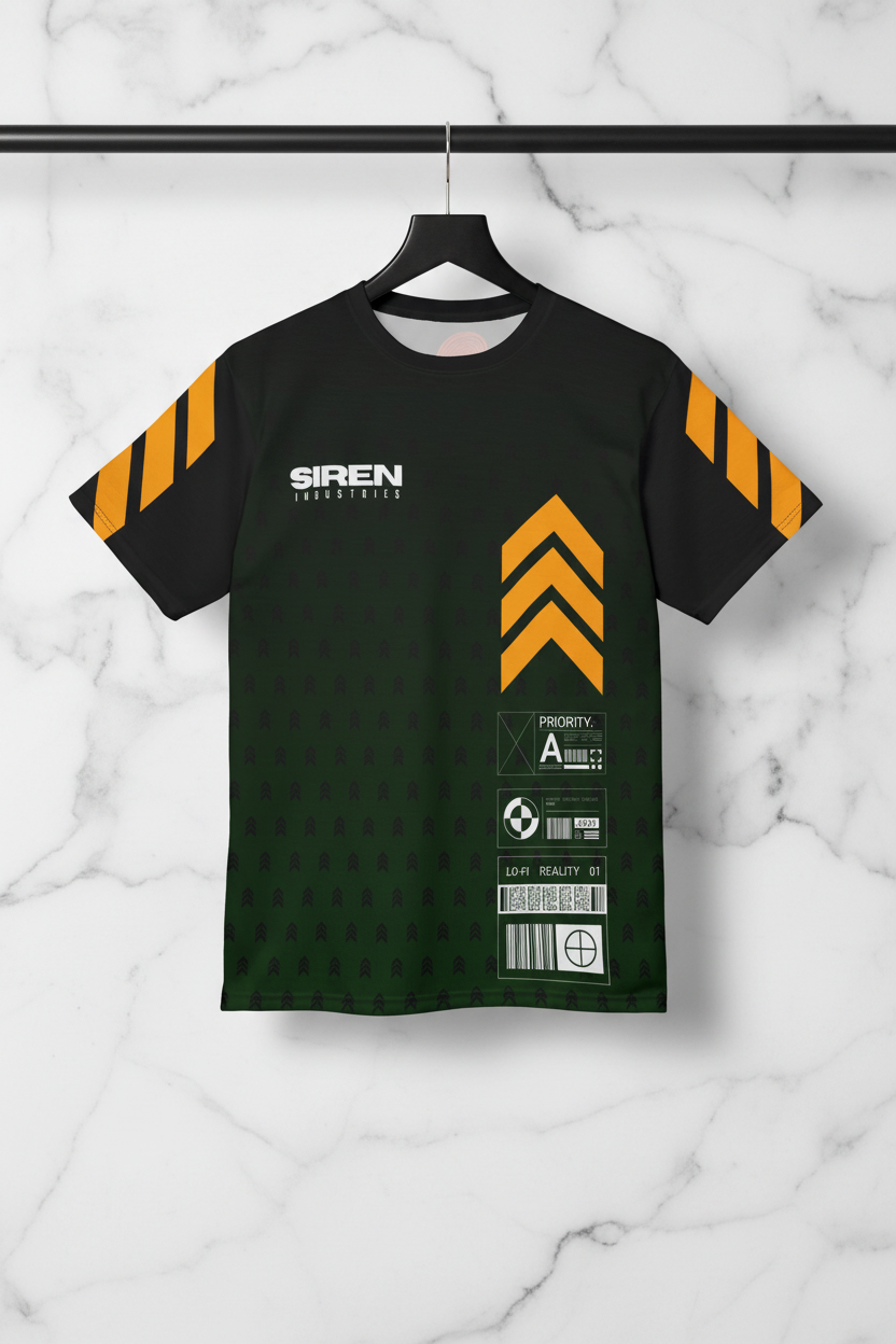 Professional photostudio mockup of SIREN INDUSTRIES S26 - ICON (AOP) Premium T-Shirt