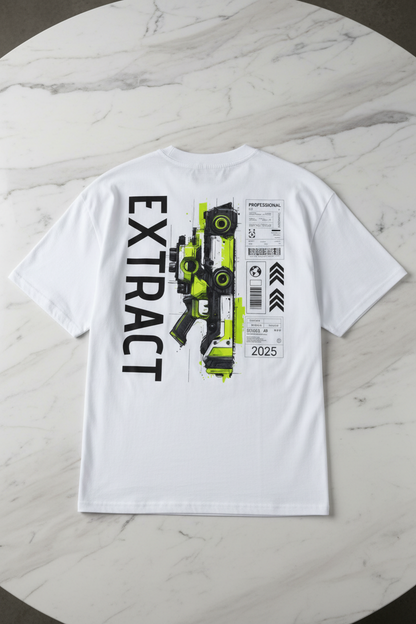 White tee artfully folded on marble